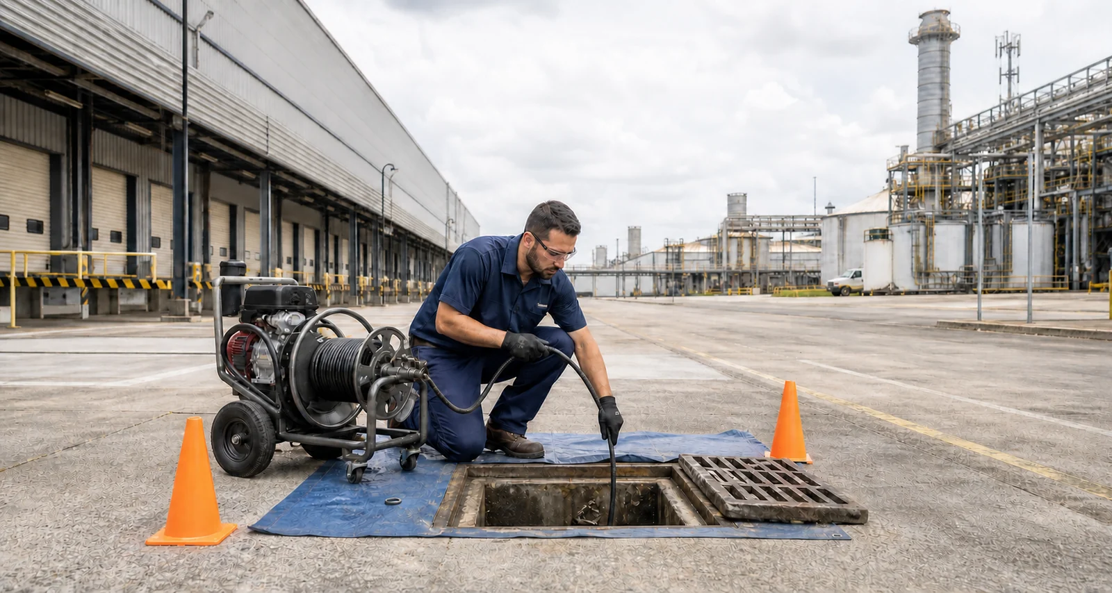 Técnico realizando desentupimento em um amplo pátio industrial com equipamento profissional